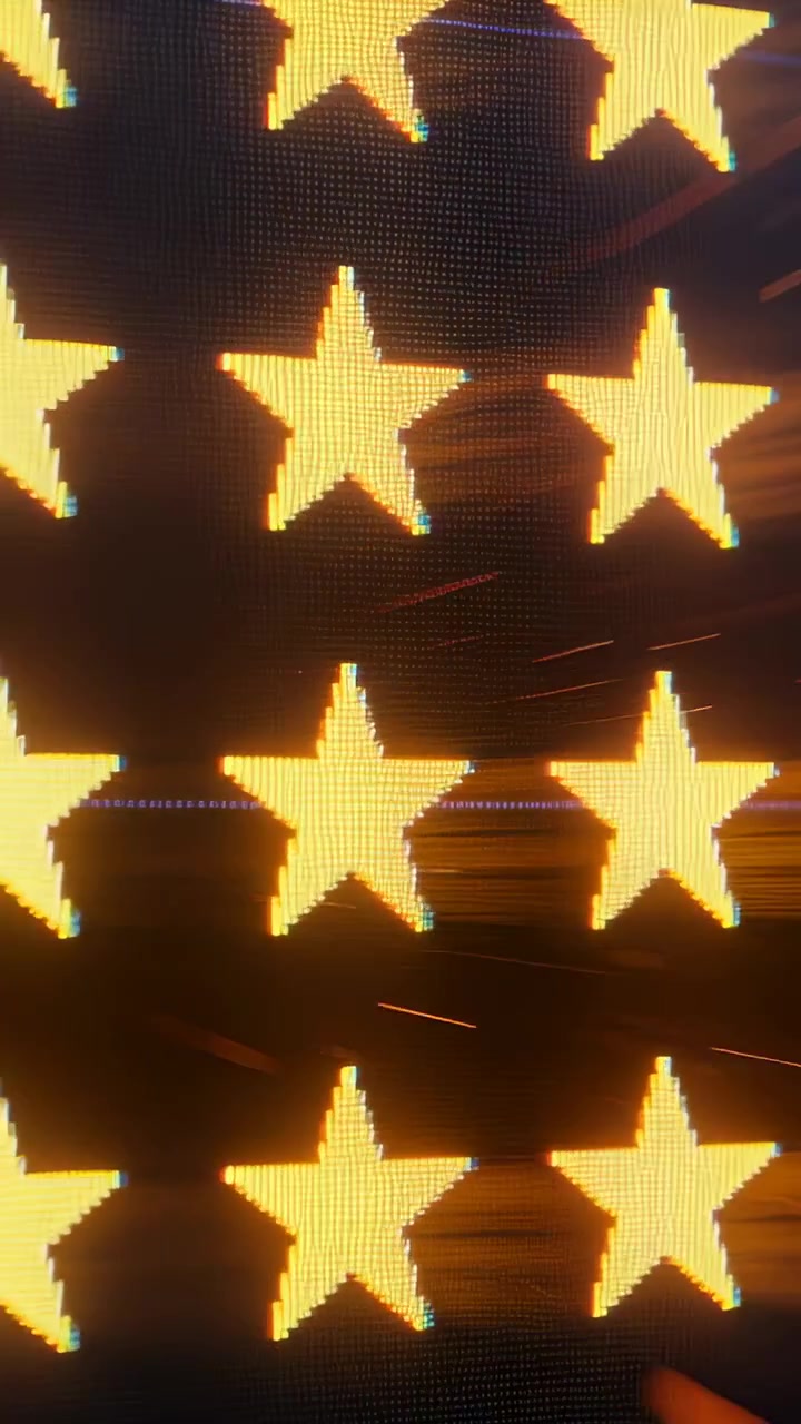 Video verticale: Griglia a stella a cinque punte che si sposta mentre i fotogrammi cambiano su un pannello LED, con linee di scansione.