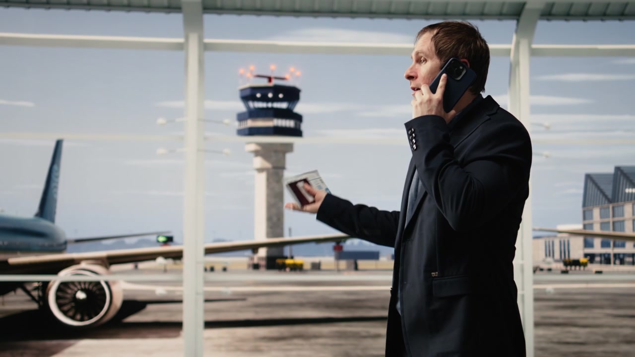Uomo che risponde a una chiamata in aeroporto durante un viaggio di lavoro, tirando fuori il telefono dalla tasca