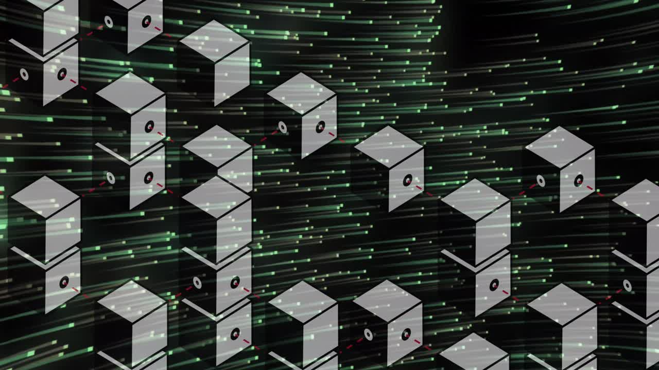 Animation of cubes and green lights moving on black background