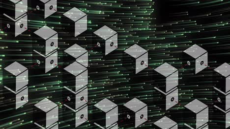 animation of cubes and green lights moving on black background