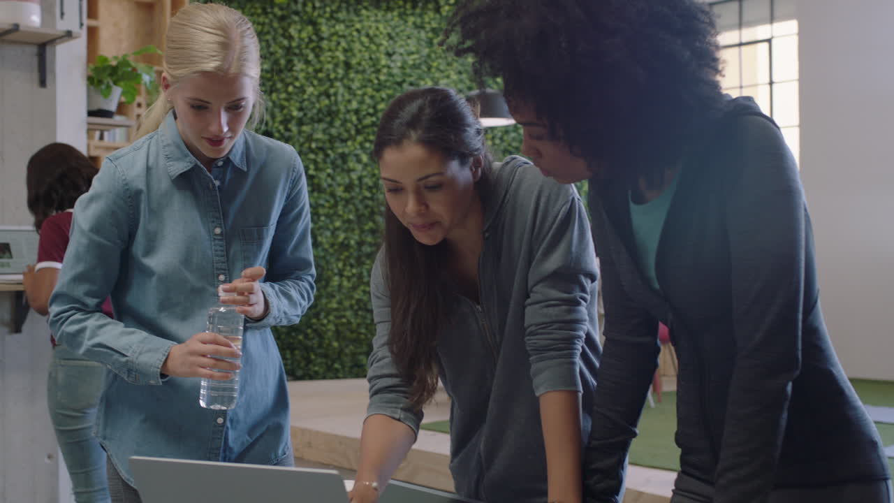 multi ethnic business women meeting brainstorming team manager woman sharing creative ideas planning development strategy using laptop technology in modern office workplace