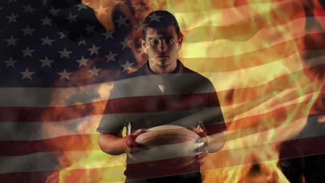 Animation-Der-Schwenkenden-US-Flagge-Und-Flammen-über-Einem-American-Football-Spieler