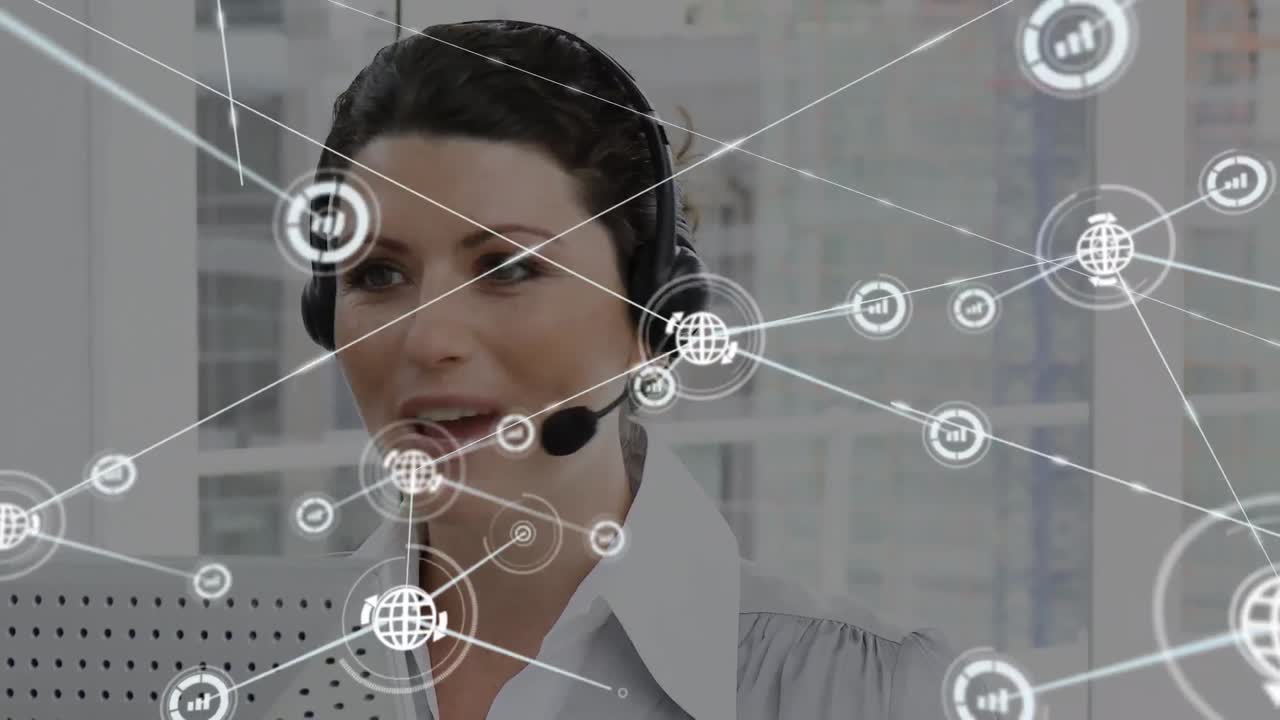 animación de una red de conexiones e iconos sobre una mujer de negocios con auriculares