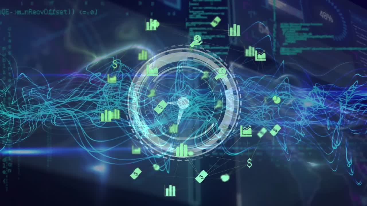 animación de la red de conexiones con senderos de luz y procesamiento de datos sobre fondo negro.