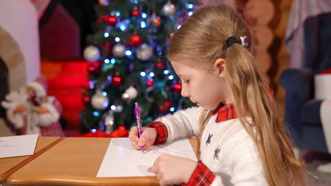 Portrait of a lovely little girls indoors at Christmas. Cute children writing a letter to Santa. Beautiful small girl drawing a picture on xmas background at home