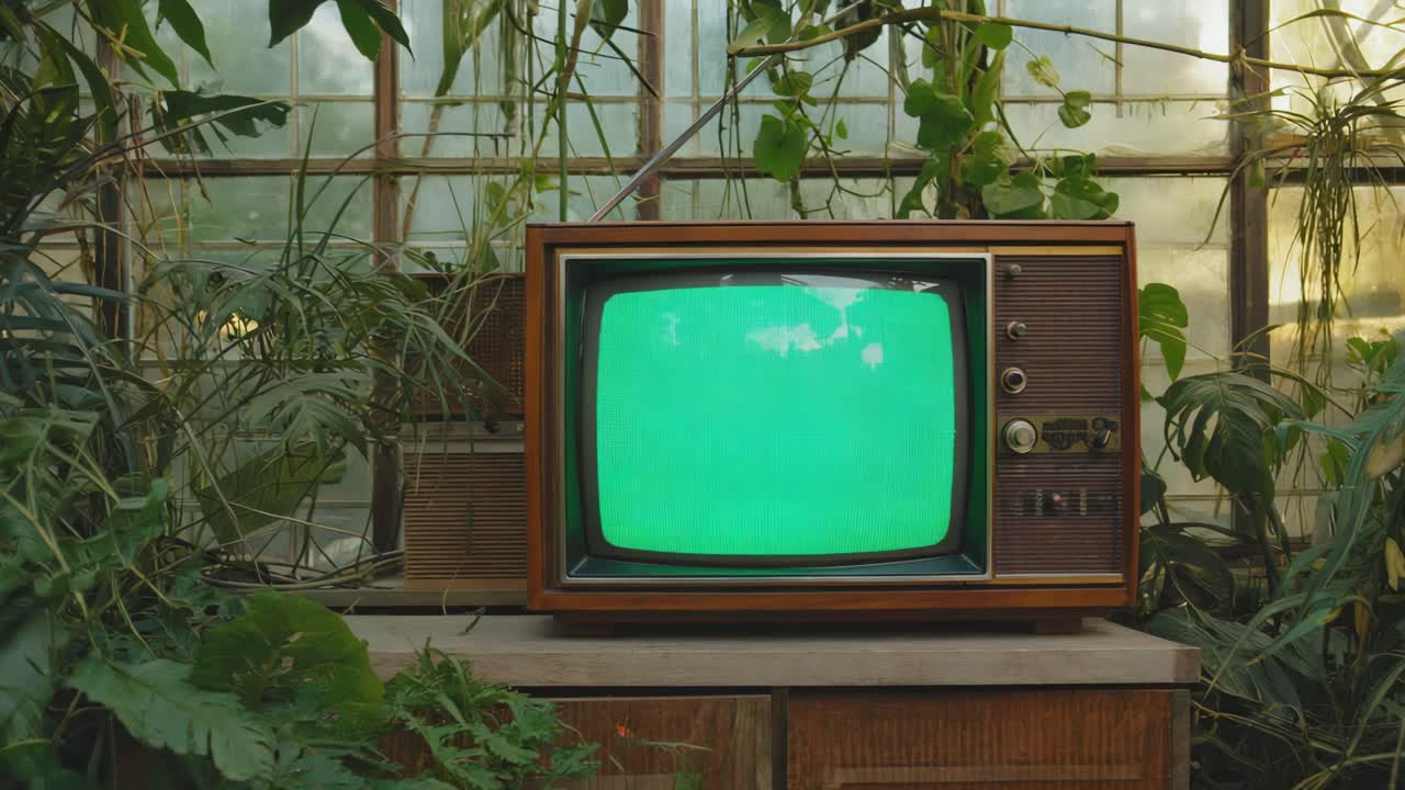 Vintage TV with Green Screen surrounded by Plants