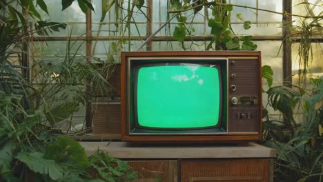 vintage tv with green screen surrounded by plants