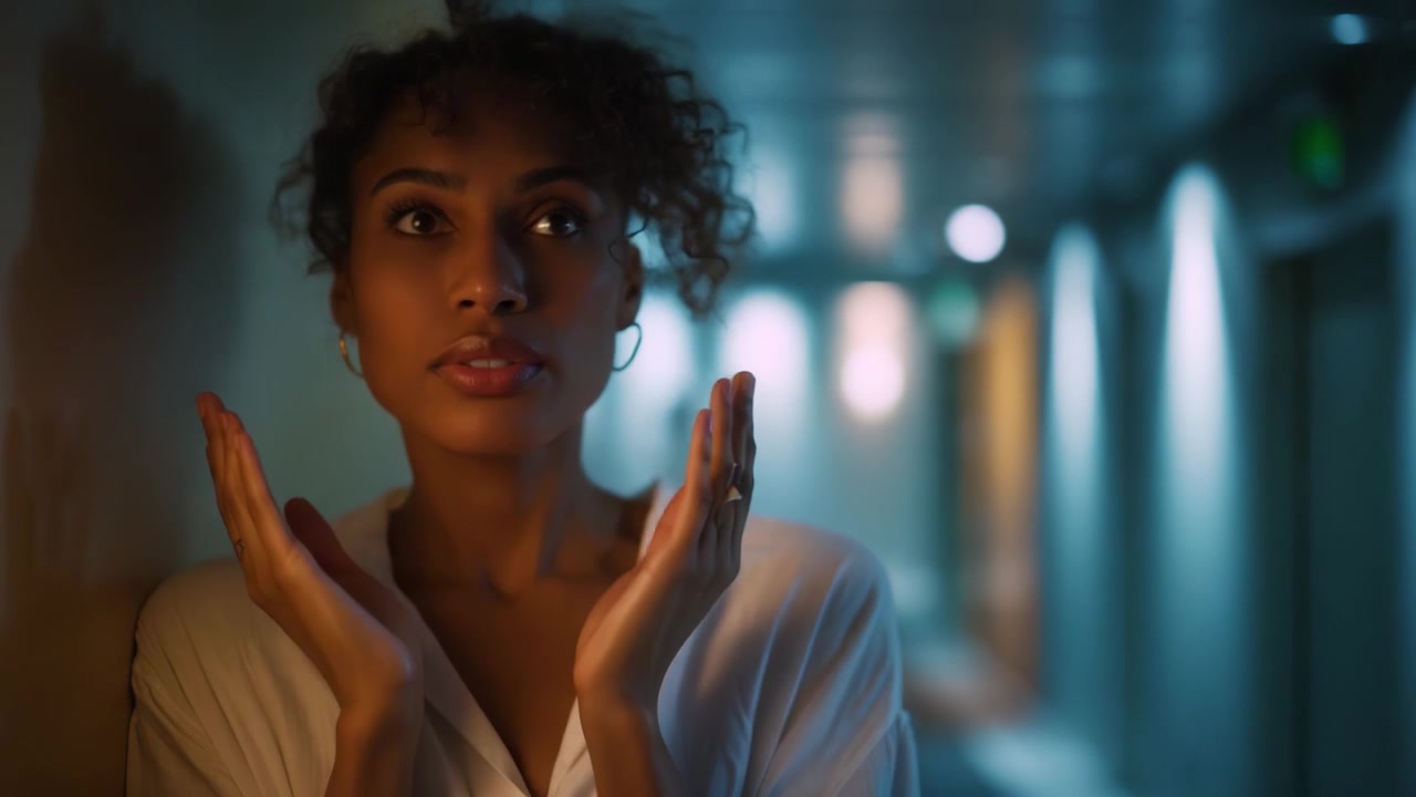 Una donna che mostra un ventaglio di emozioni in un corridoio scarsamente illuminato, mettendo in evidenza sentimenti di preoccupazione e contemplazione in un'atmosfera di intrigo e mistero.