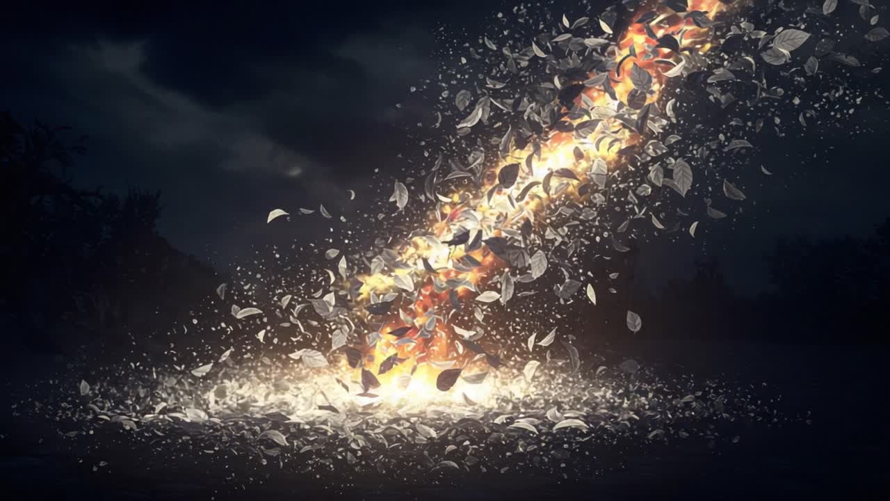 A Dramatic Eruption of Shattered Leaves and Fiery Sparks Against a Darkened Sky, Capturing the Essence of Nature's Chaos and Beauty in Motion