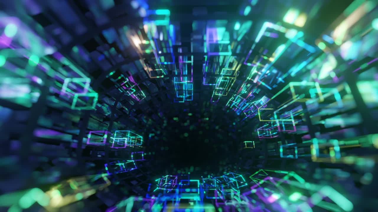 Glow boxes. 4k seamless looped animation. Fly through mirror tunnel with neon pattern, glow lines form sci fi pattern. Bright reflection neon light. Simple bright background, sci fi structure