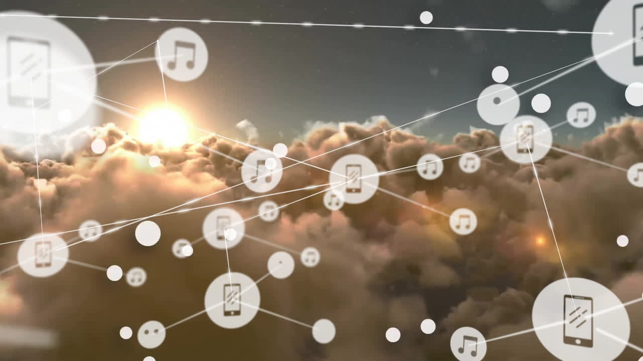 밀집된 구름의 공중 시상 위에서 선과 연결된 드폰 아이콘의 애니메이션