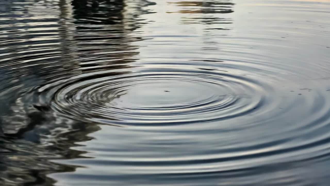 Superfície de lago ondulada formando ondas redondas após a queda de uma gota, com reflexos de árvores à esquerda.