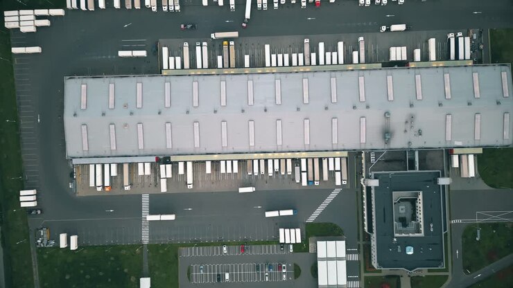 Night aerial view of a warehouse of goods for online stores