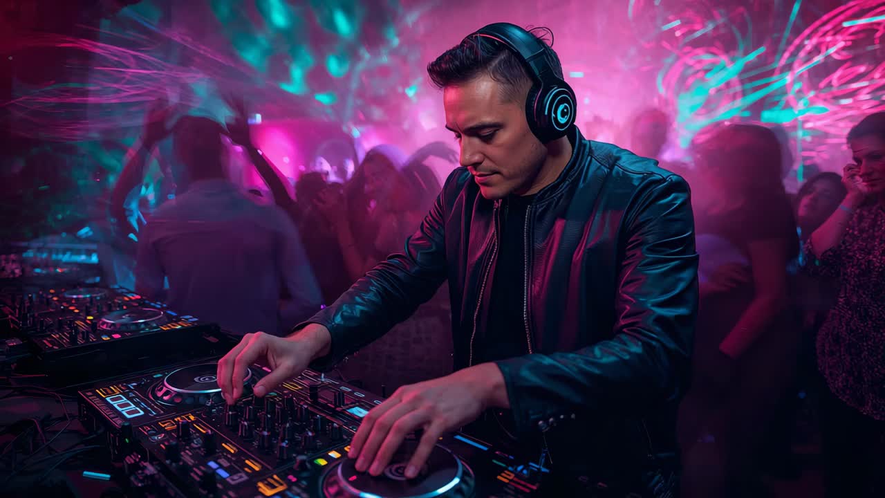 Beat cue arriving, DJ wearing leather jacket, headset cueing tracks on decks at club driving energy