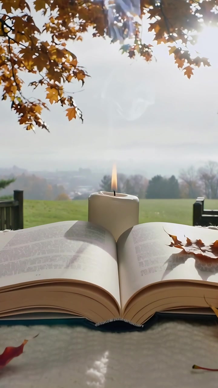 Video verticale: Fiamma di candela che danza sopra un libro aperto su un portico, la telecamera rivela un panno e una foglia d'acero.