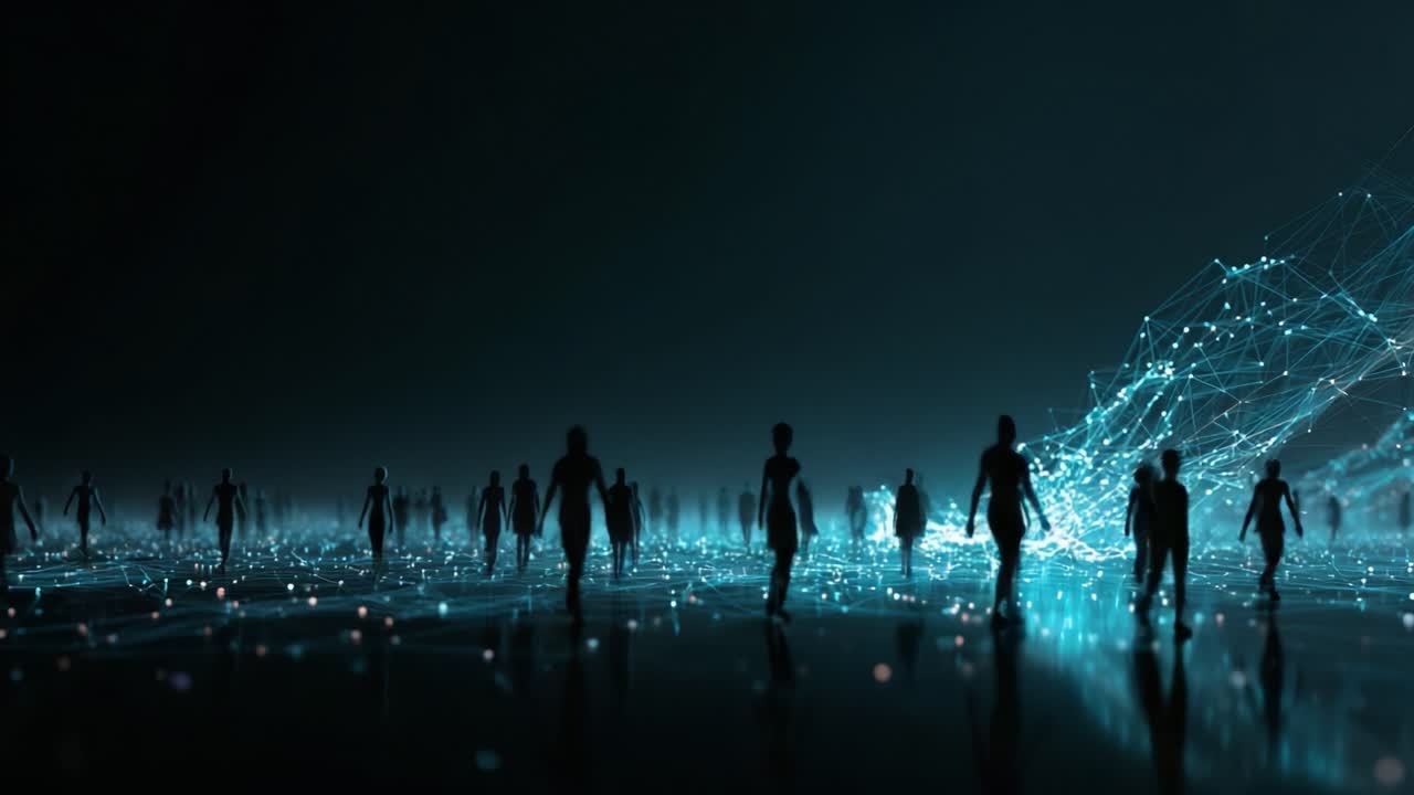 A mesmerizing blend of technology and human presence is depicted in this stunning visual representation, showcasing silhouettes advancing through a network of glowing data points in a digital landscape