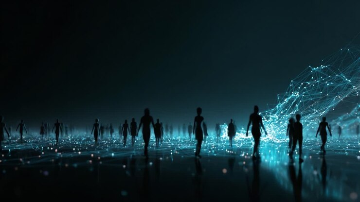 Eine faszinierende Mischung aus Technologie und menschlicher Präsenz wird in dieser beeindruckenden visuellen Darstellung gezeigt, die Silhouetten darstellt, die sich durch ein Netzwerk aus glühenden Datenpunkten in einer digitalen Landschaft bewegen