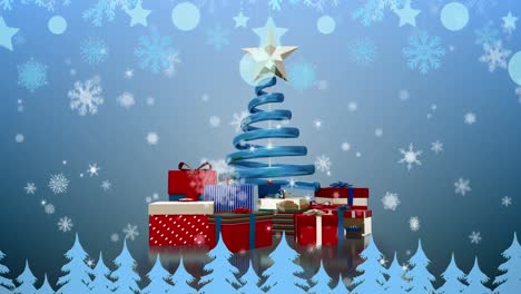 Snowflakes-falling-over-christmas-tree-and-gifts-against-blue-background