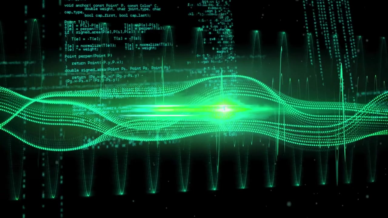 Waveform core emerging left, moving right, peaking spikes, scrolling code, visualizing data pulses