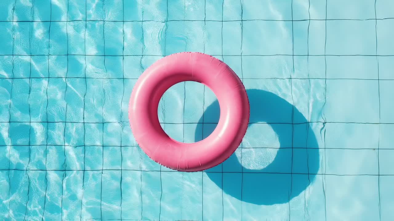 Top-down video shot of a pink float in a clear blue pool, casting a shadow on the tiles