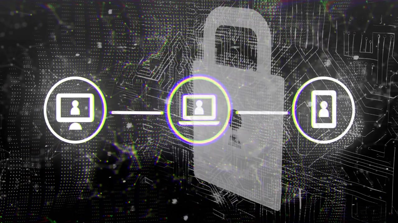 Mesh opening trio icons chaining desktop laptop phone locking while background shifts to circuit
