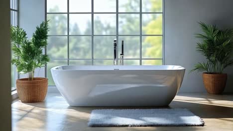 modern bathroom with freestanding bathtub, large window, and potted plants