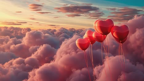 heart balloons floating above pink clouds at sunset