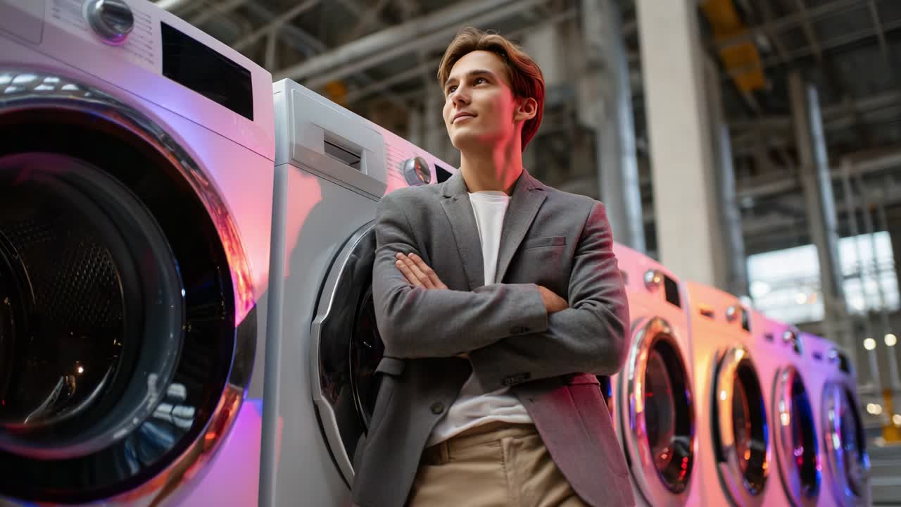 Confident Individual Posing Among Sleek Washing Machines in a Modern Appliance Showroom, Showcasing the Latest in Laundry Technology with an Air of Style and Professionalism