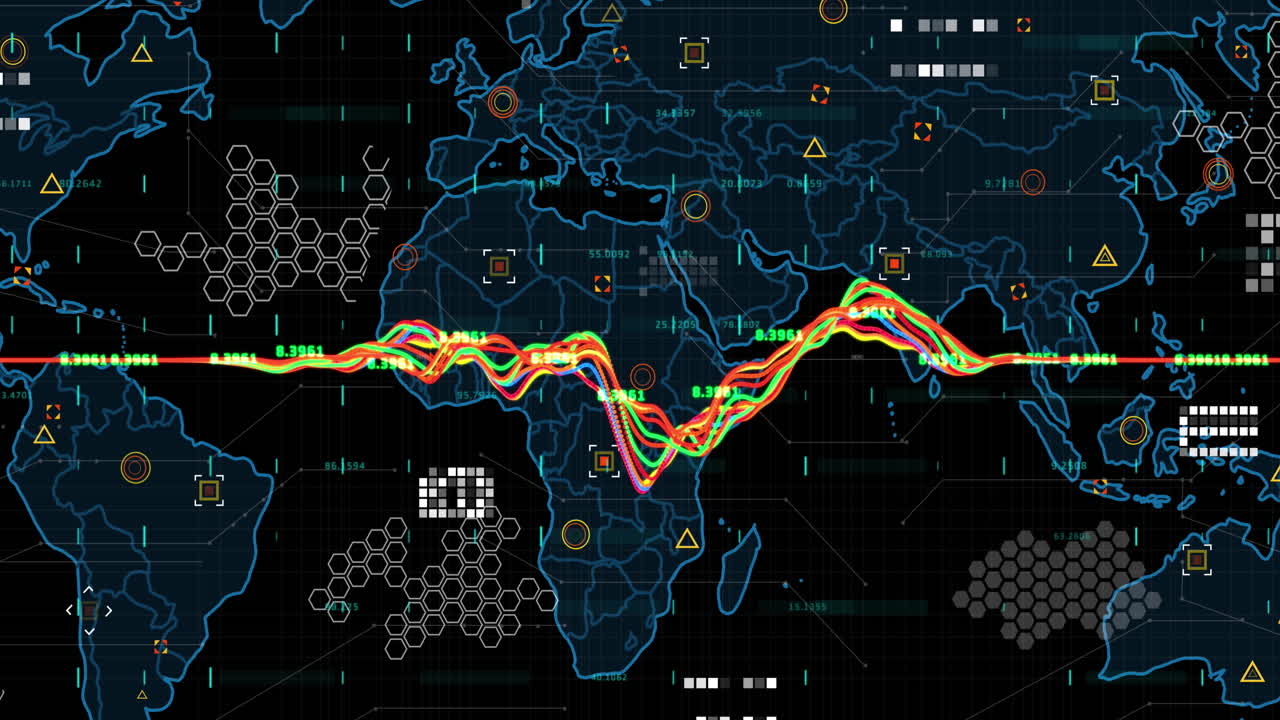 지도 위에 여러 그래프와 숫자의 애니메이션, 검은 바탕에 기하학적 모양