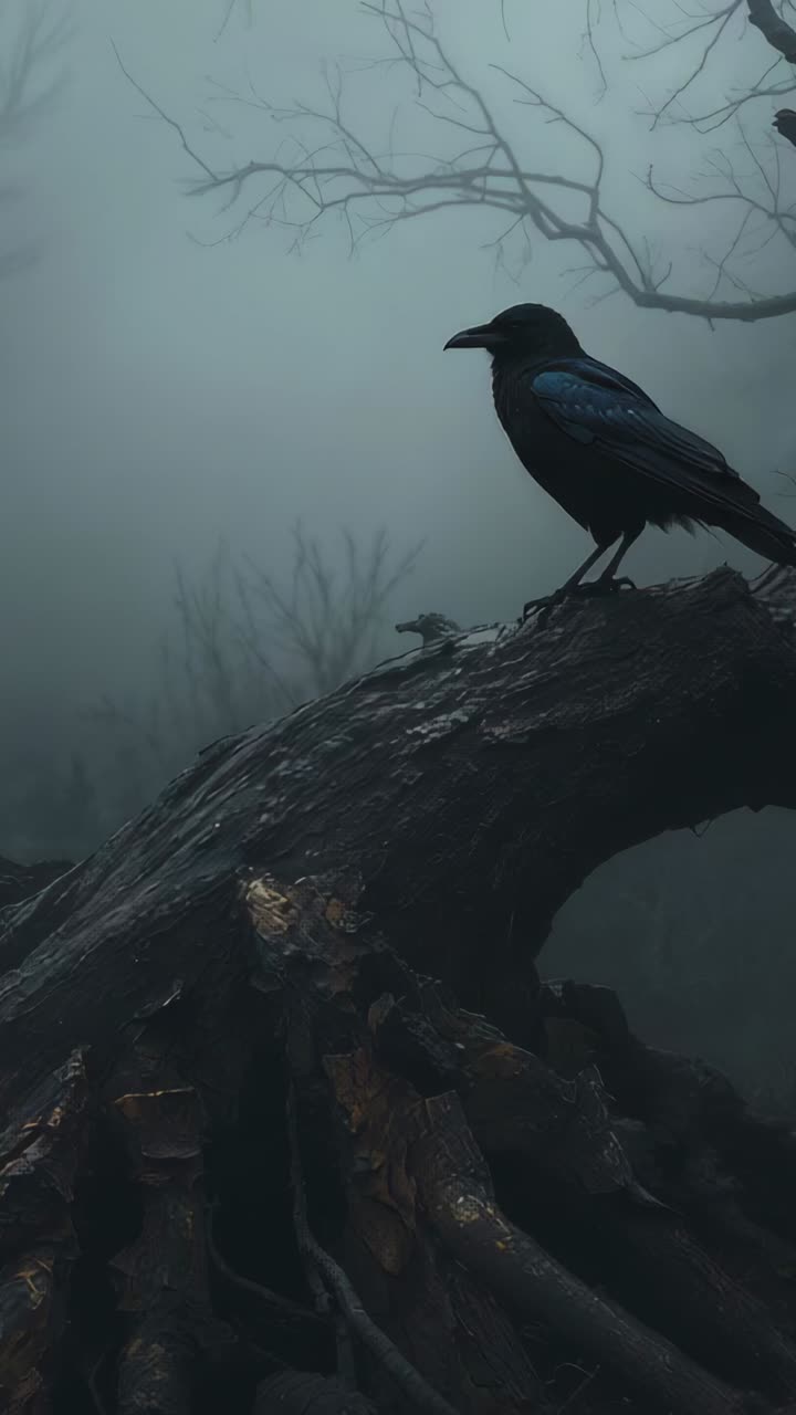 Vertical video: Leaning crow fluffing wings launching from gnarled root in fog to fly, copy space
