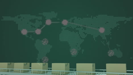 animation of network of connections over boxes on conveyor belts in warehouse