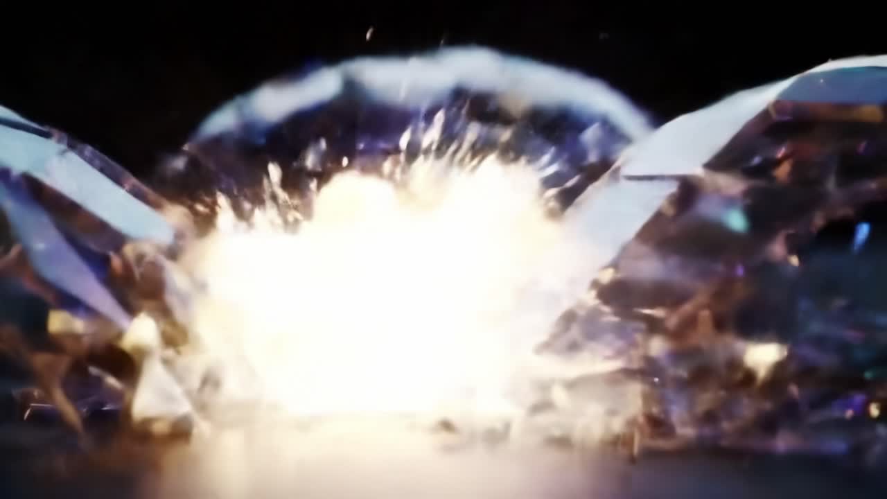 A Stunning Display of Destruction: Shattered Crystals Exploding with Brilliant Light and Color Captured in High Detail, Showcasing the Intensity of the Impact