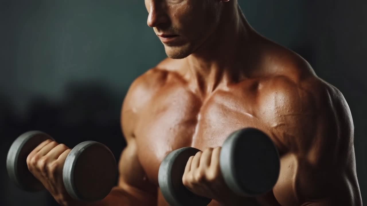 A muscular man lifting dumbbells