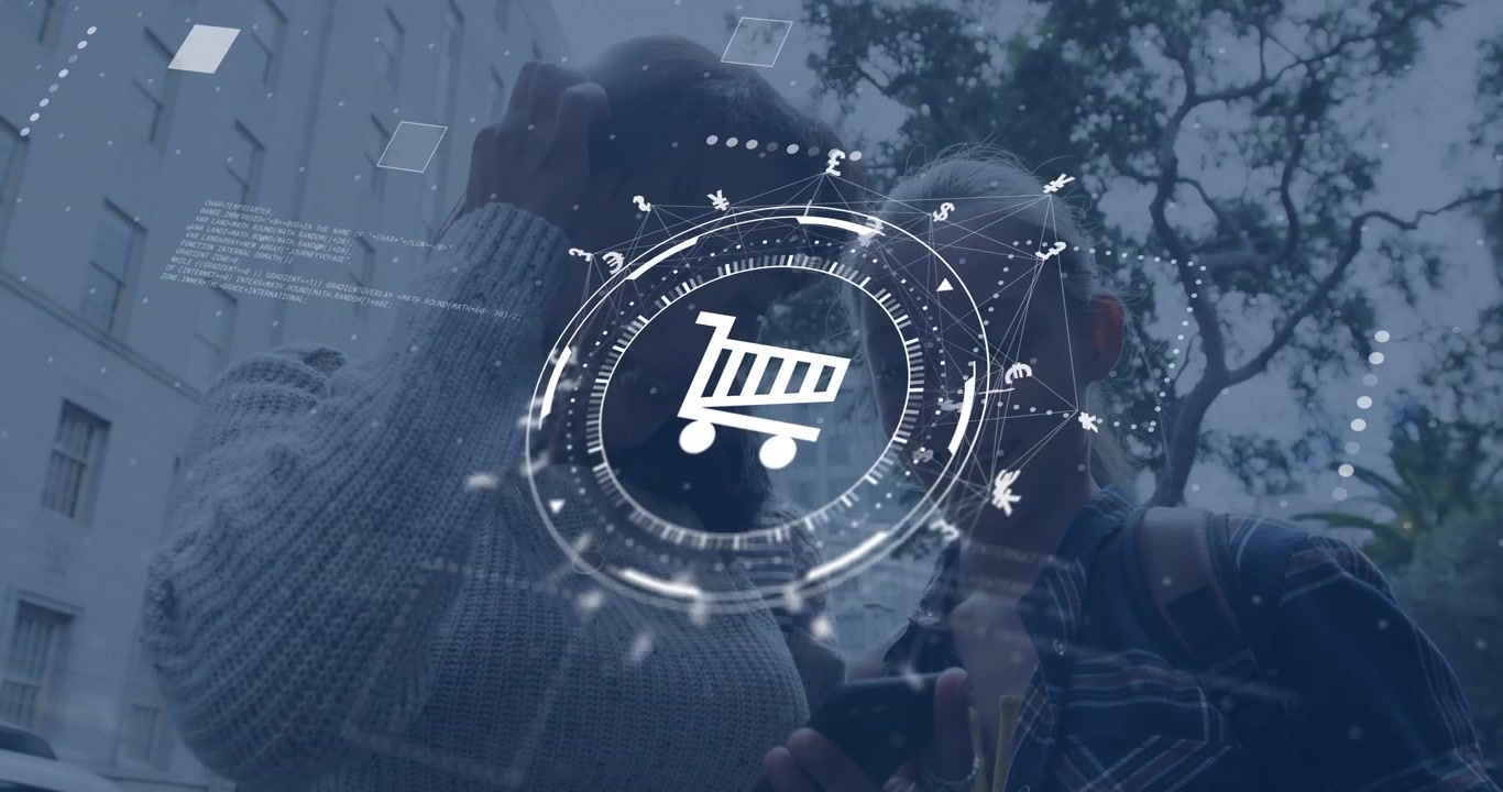 Due ragazze adolescenti tengono il telefono per strada in città, attivando un HUD per lo shopping in AR che mostra i prezzi dei prodotti.
