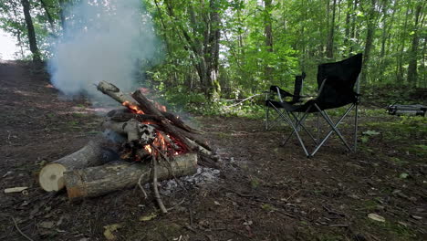 a stack of woods on fire at an open area surrounded by trees with a camping chair