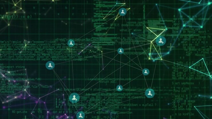 Animation of network of connections with icons over data processing