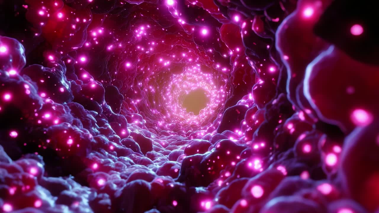 An Intricate Visualization of a Hypothetical Cellular Tube, Showcasing a Stunning Array of Vibrant Pink and Purple Particles Amidst a Background of Textured Cellular Structures, Evoking a Sense of Depth and Complexity