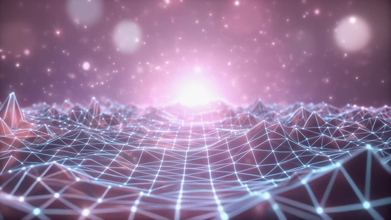 Abstract Digital Grid Landscape with Glowing Light and Particles