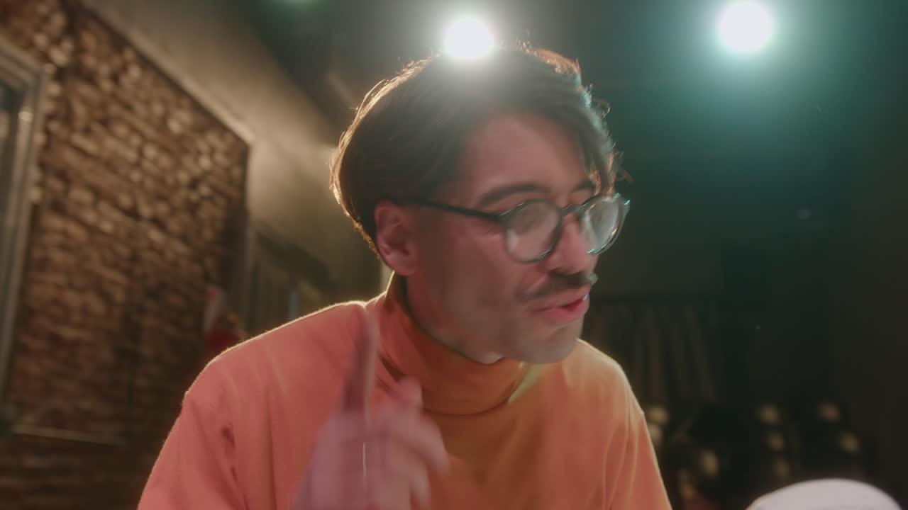 Actor Reading Play Script and Giving Speech on Theater Rehearsal