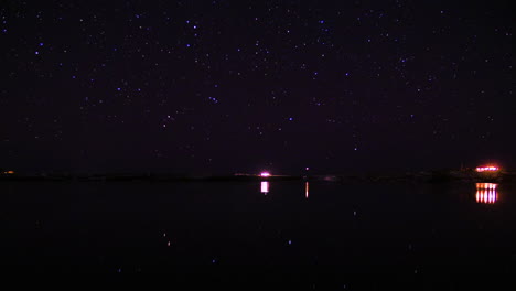Zeitraffer-Des-Schönen-Himmels,-Der-Nachts-Die-Sterne-Auf-Einem-Friedlichen-See-Reflektiert