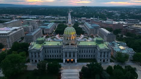 Pullback-reveal-of-Harrisburg-Capitol-Building-at-sunrise