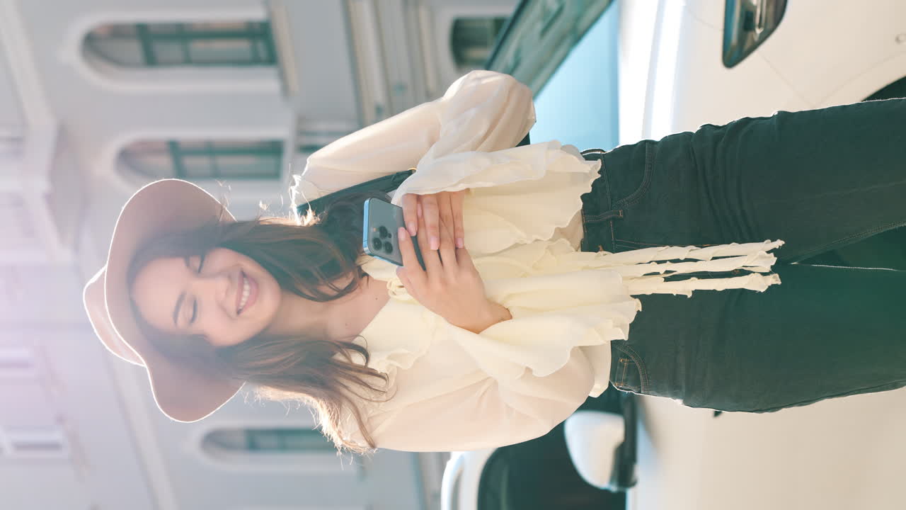 도시 에서 전화 를 사용 하는 미소 짓는 여자