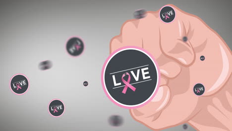 animación del logotipo de la cinta rosa del cáncer de mama con texto de amor sobre los puños