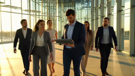 group of business professionals walking in a modern office building