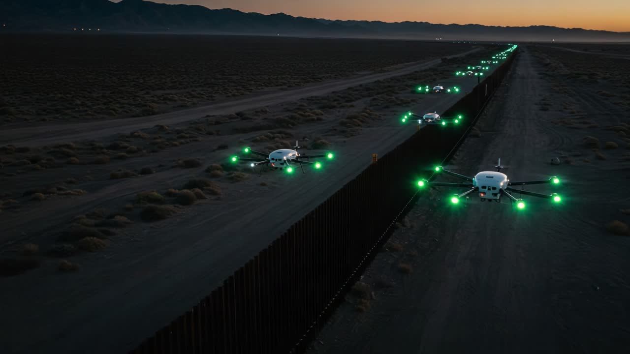 Aerial Surveillance: Innovative Drones Enhance Border Monitoring with Advanced Technology and Strategic Navigation Along the Expansive Frontier at Dusk