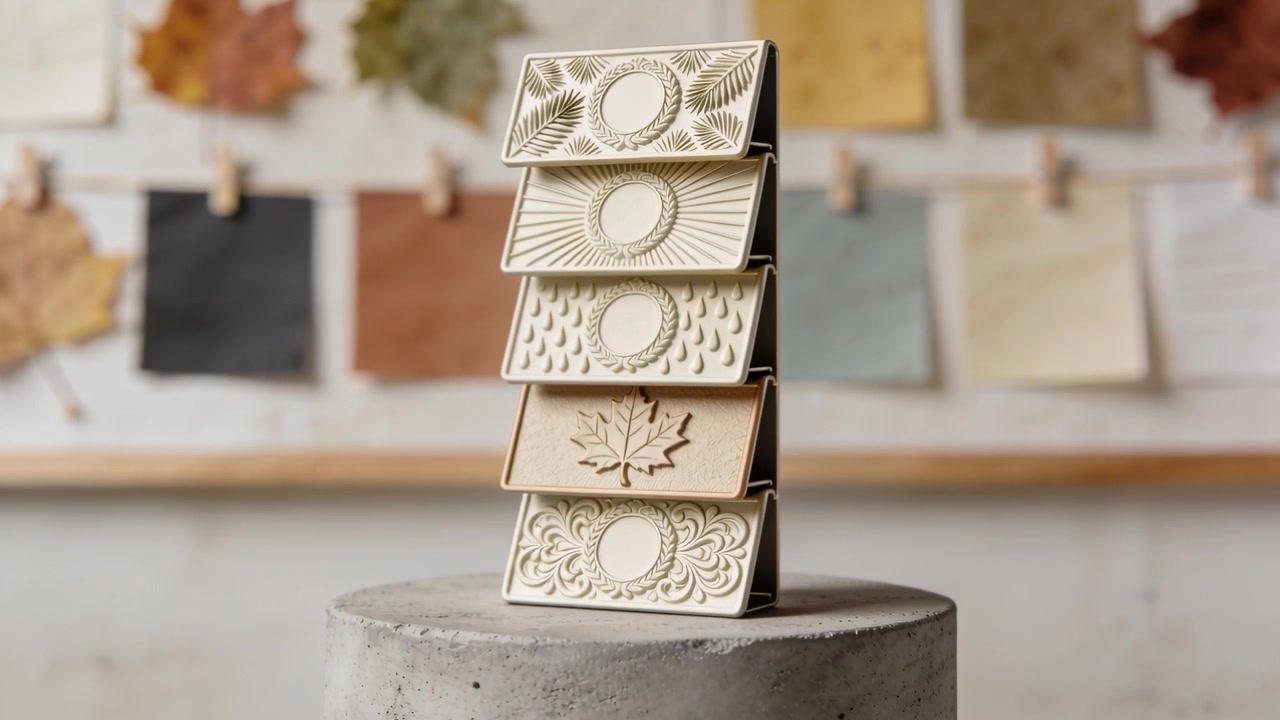 Tilting camera revealing stacked embossed tiles on concrete plinth in studio, showing motifs