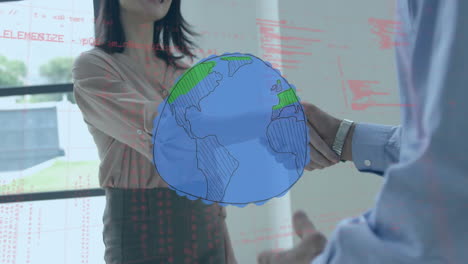 animation of globe and data processing over people shaking hands