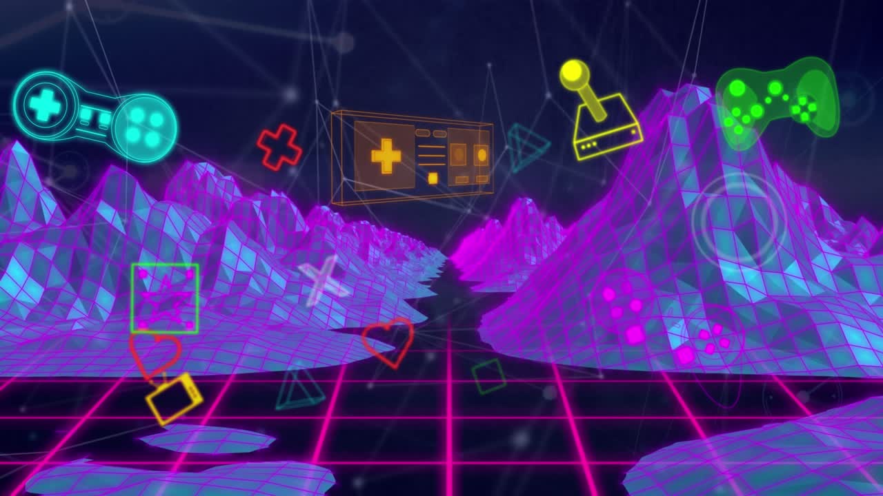 Animation of diverse gamins neon gadgets moving over metaverse landscape