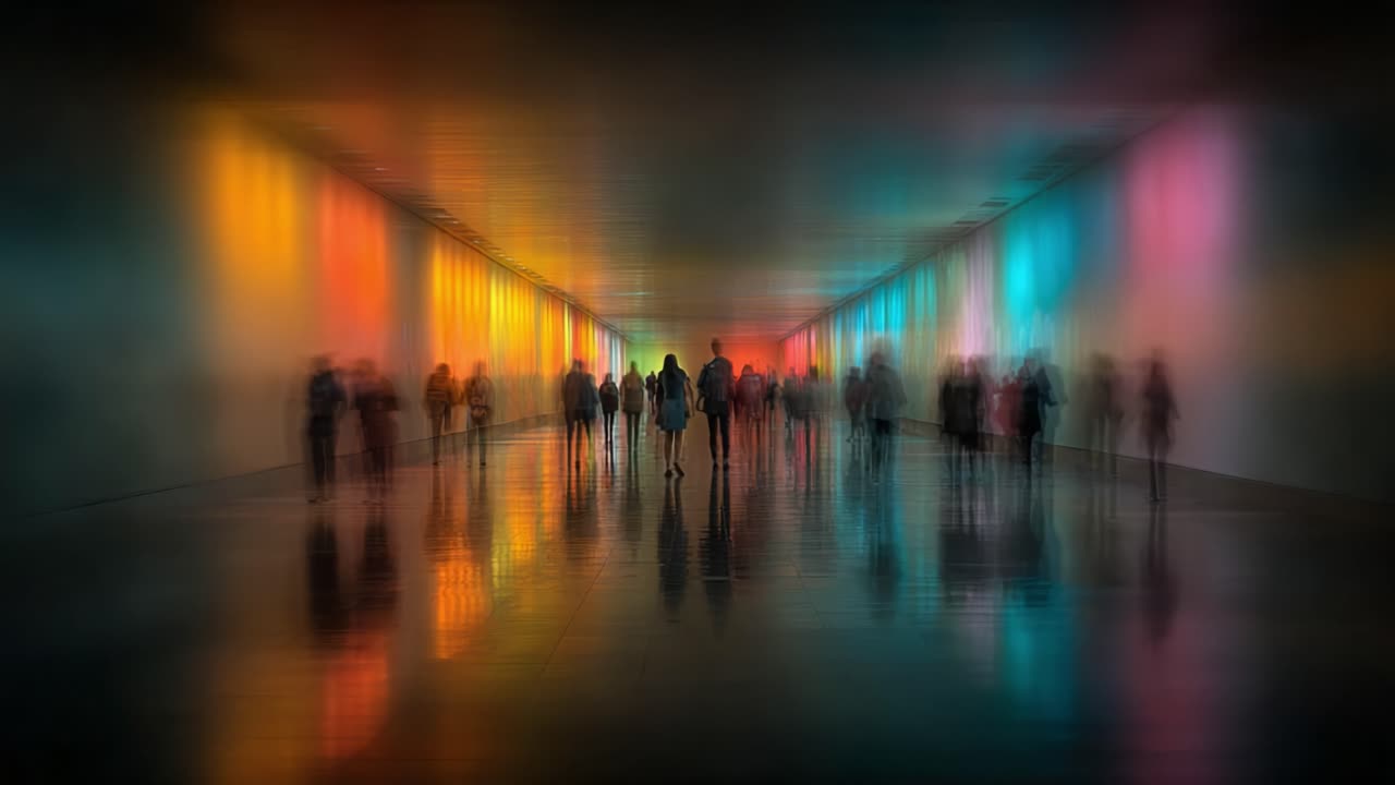A Dreamlike Passage Filled with Colorful Lights and Silhouettes of People Walking Through a Mystical Corridor of Reflection and Illumination