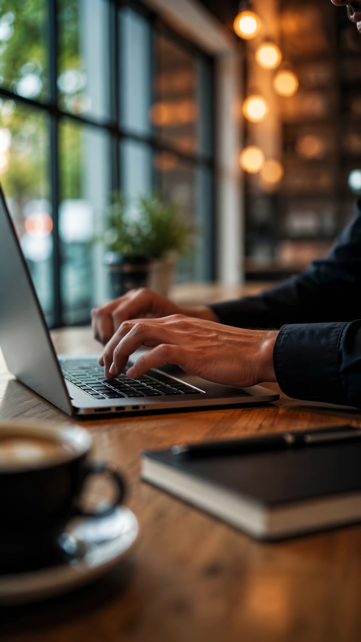 Mani che digitano su laptop in un caffè, freelance concentrato che prepara una proposta tra luci bokeh calde, caffè su legno.